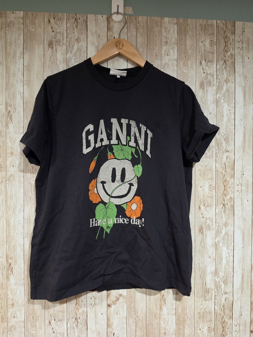 Ganni Smiley Floral Graphic Spellout Logo Streetwear T Shirt S